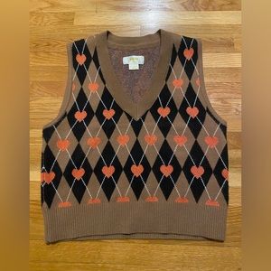 Maeve Brown Argyle Heart Knit Sweater Vest with Orange Hearts